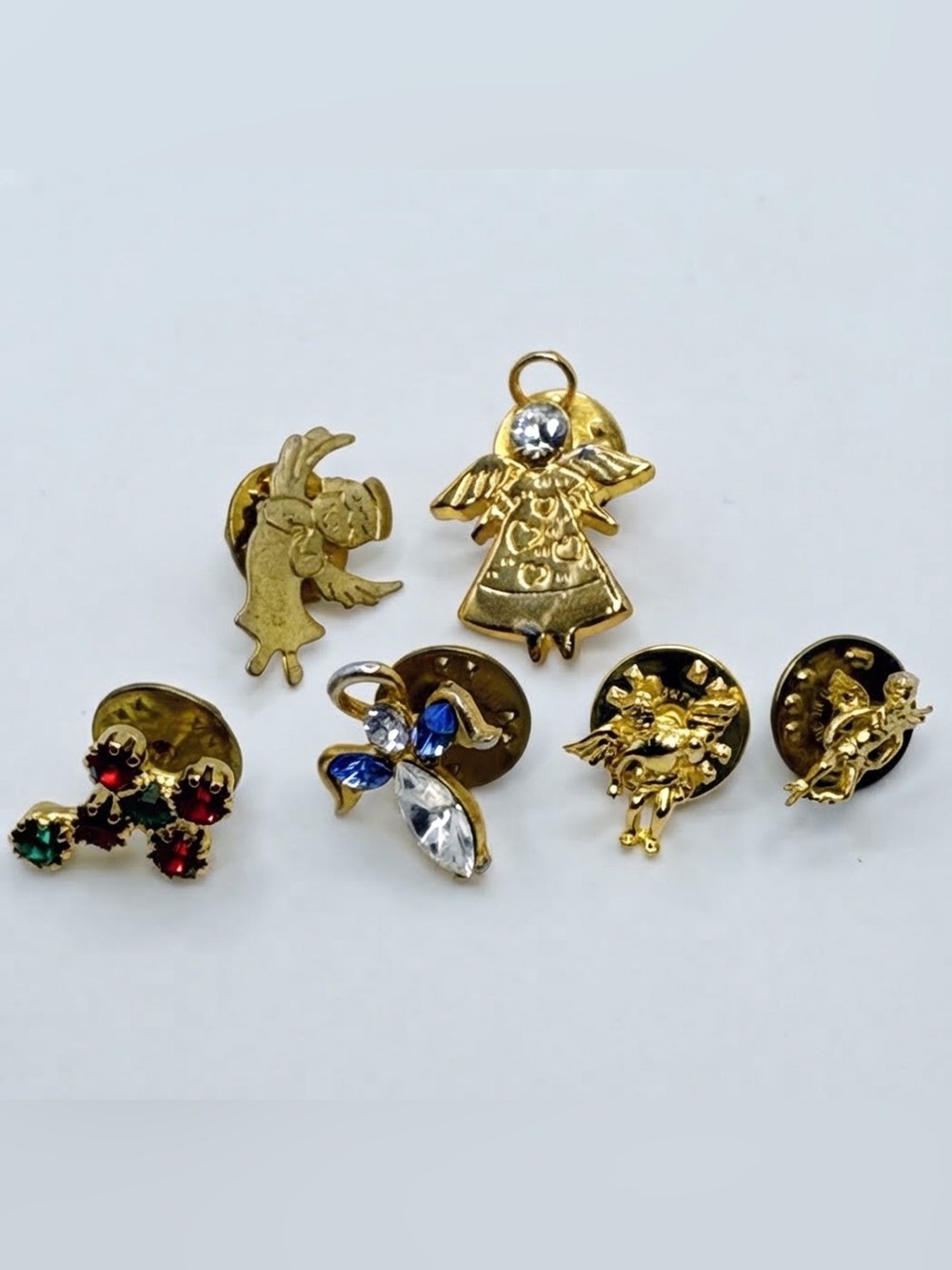 Vintage Gold Tone Angel Cherub Rhinestone Cross Lapel Pins Lot